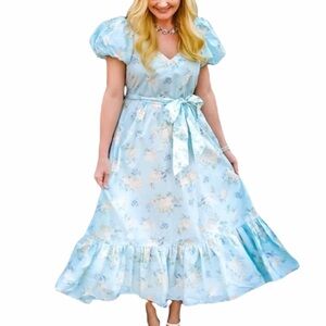 LoveShackFancy Target Estelle aqua light Blue floral puff sleeve maxi tea dress